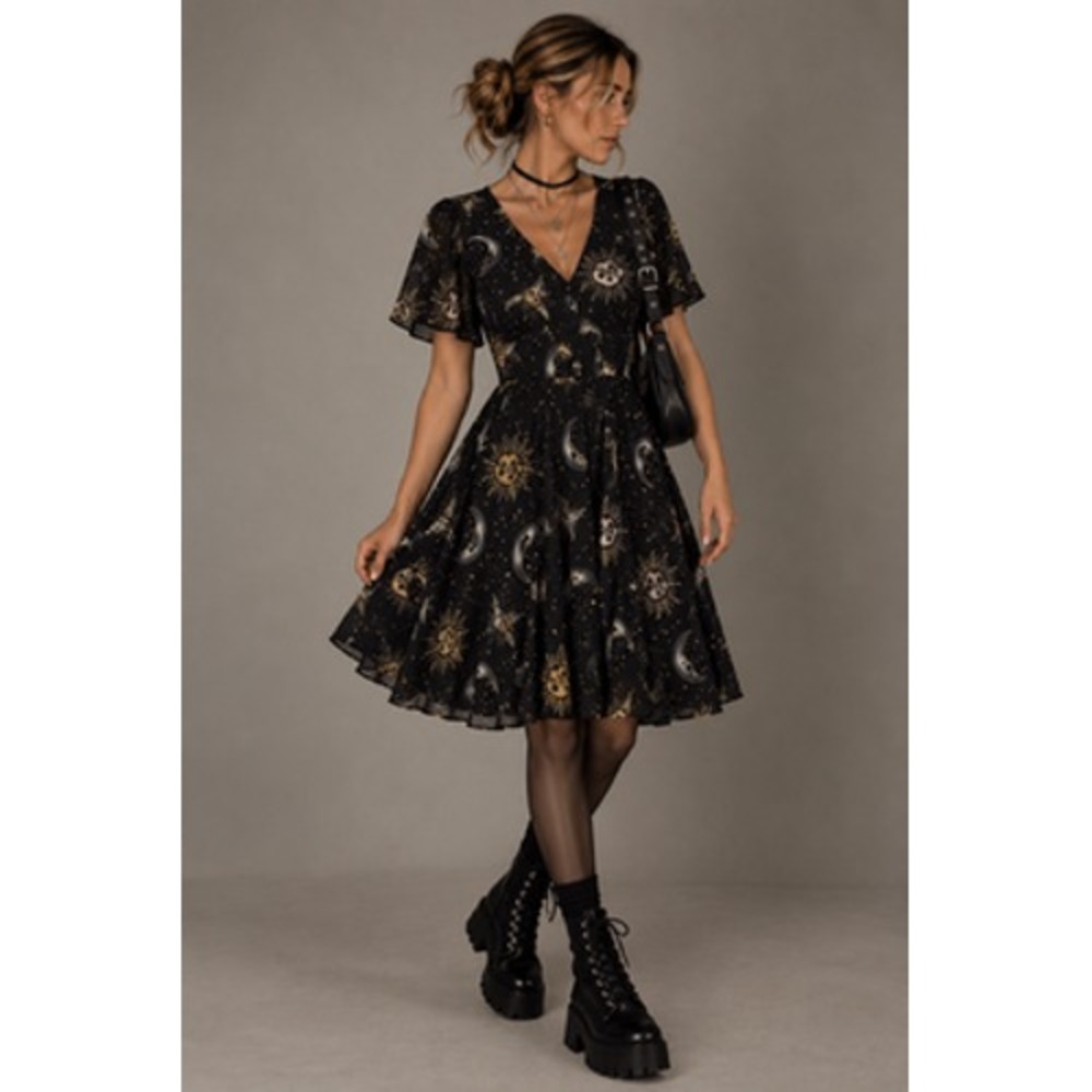 Hell Bunny Dress Womens L Black Celestial Sun Moon Fit Flare Retro Knee Length